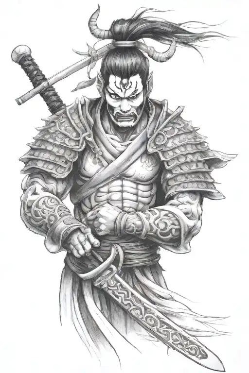 Full Sleeve With Samurai Warrior And Hannya And Oni Mask