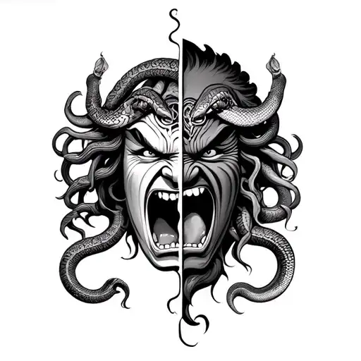 Angry Medusa With Snakes And Traditional Oni Mask Split In Half
