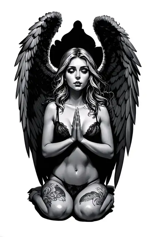 Sexy Angel In Lingerie On Her Knees With Her Wings Spread And Praying