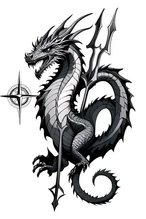 Realistic Dragon With Trident And Compass Rose Surrounded