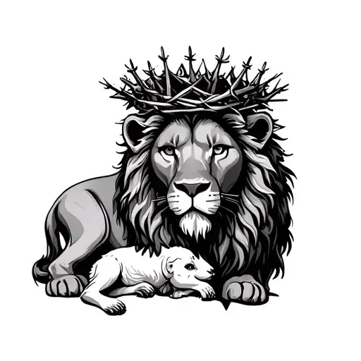 Lion With Crown Of Thorns And A Lamb Underneath The Lion