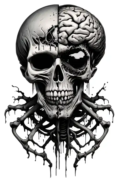 Half Skeleton Half Zombie Face And Brains Connected Decayed