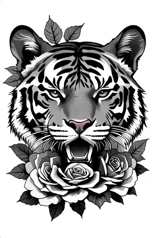 Tiger Head With Roses