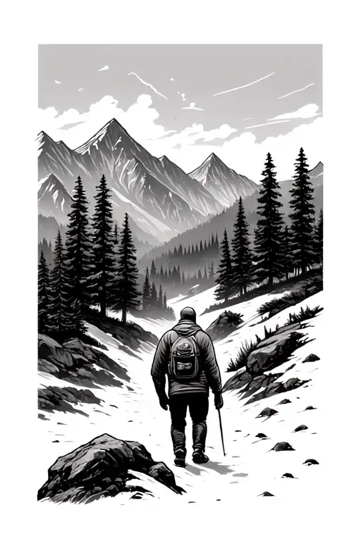 Man Walking Up Mountains Through A Forest With Mountains Inside