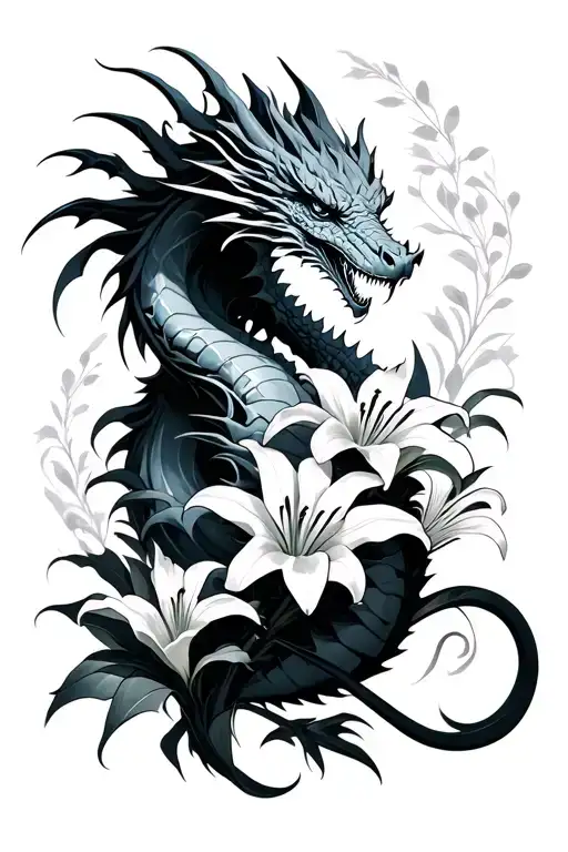 Cyber Sigilism With Lillies And A Dragon Wrapped