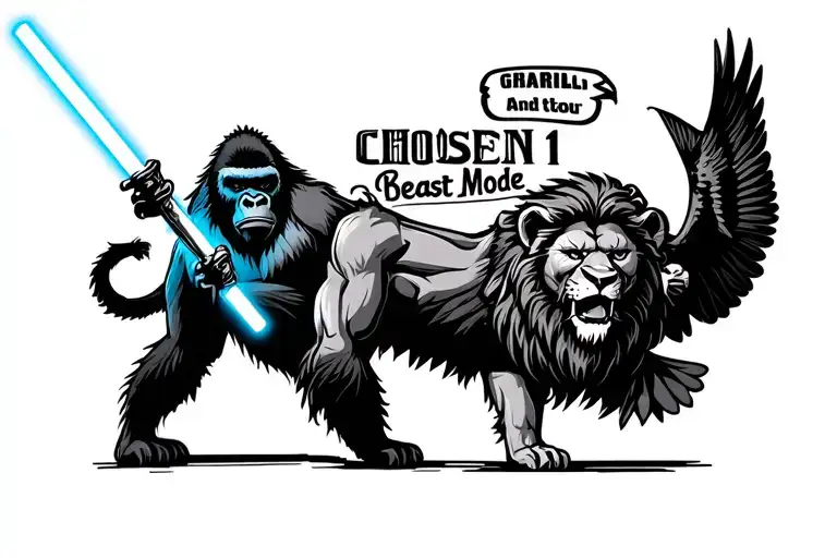 Gorrila And Lion With Crow Flying And Holding Lightsaber And Text Saying Chosen 1 And Beast Mode