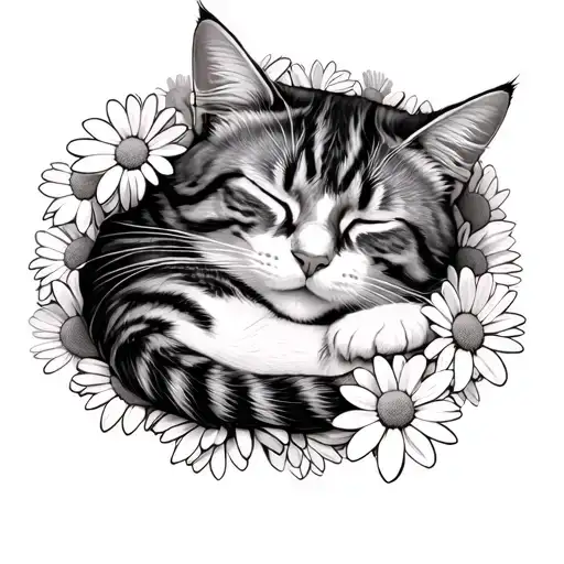 Cat Sleeping In A Circle Surrounded By Daisies