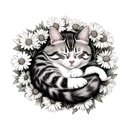 Cat Sleeping In A Circle Surrounded By Daisies Top View