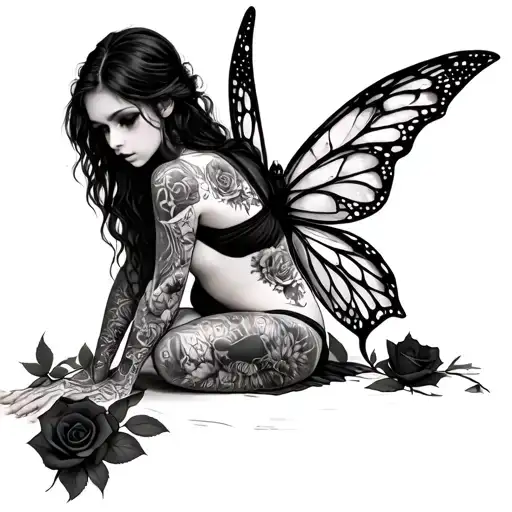 Gothic Fairy With Tattoos Sitting Down With Roses Around Her
