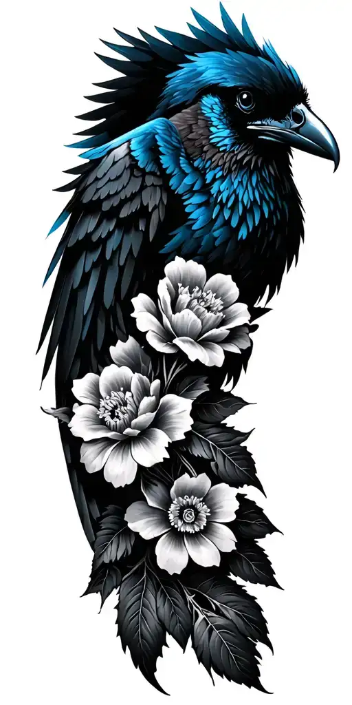 Flower Sleeve Black And Grey With Some Blue Line Work Here And There And Raven Wings