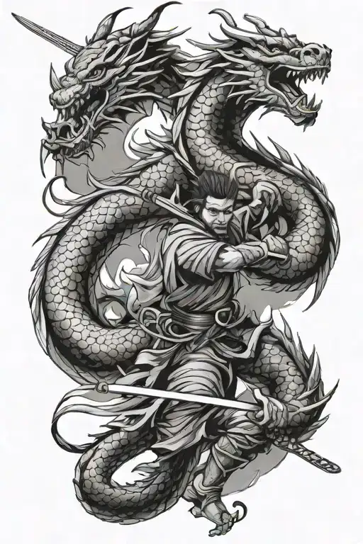 Dragon And Samurai Warrior Wielding