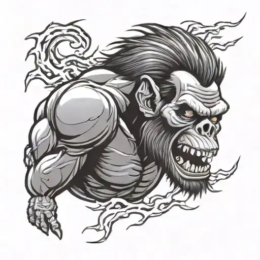 Half Angry Ape Half Skull With Lightning In Background