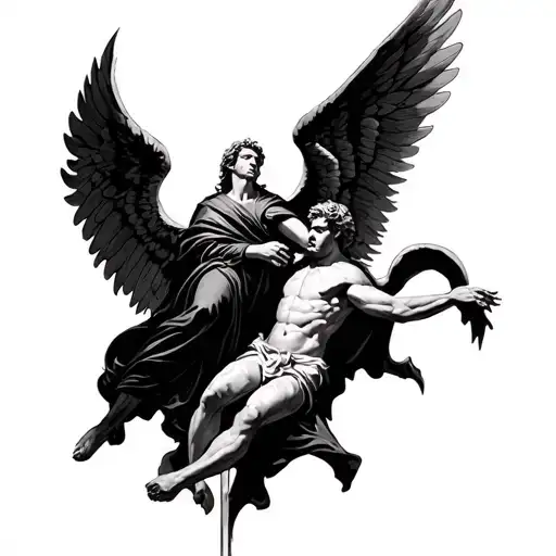 Arch Angel Michael Wearing Dark Robes Defeating Lucifer Falling