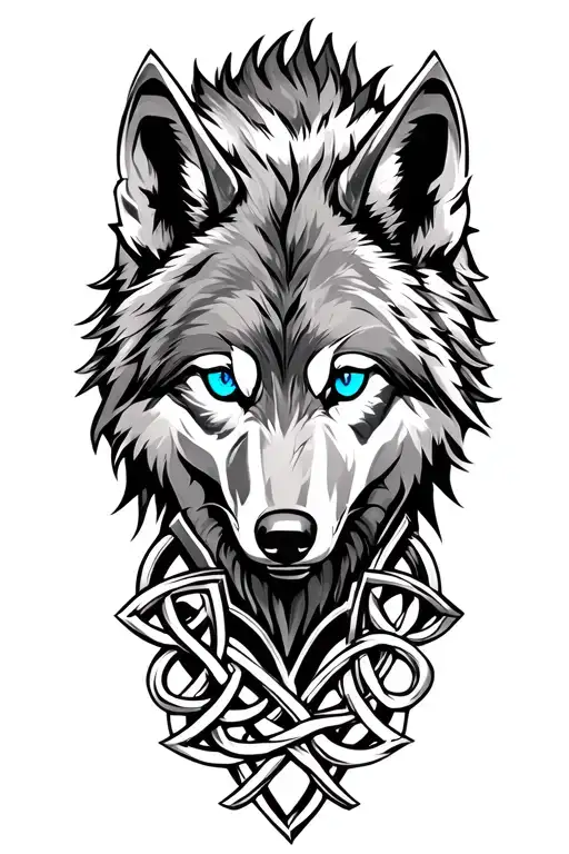 Wolf With Blue Eyes On Armor Tattoo Design Featuring Celtic Trinity Knot