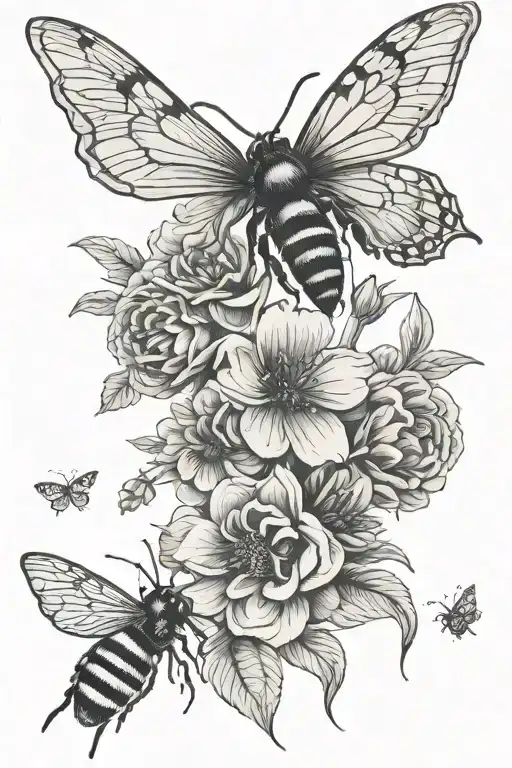 Flowers With A Bee And Butterfly Flying
