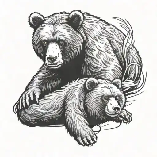 Brown Bear With Orangutan Sat On His Back