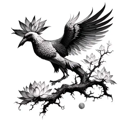 Pheonix Lotus Pine Tree Tattoo Design