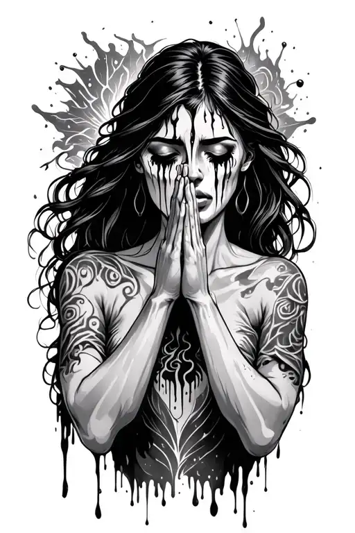 Woman Crying Tears Of Blood While Praying With Surrounding