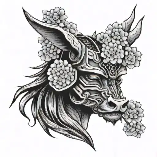Samurai Helmet Boar With Hydrangea Flower
