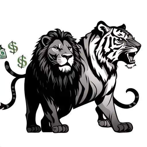 Lion And Tiger With Dollars And Money Bag