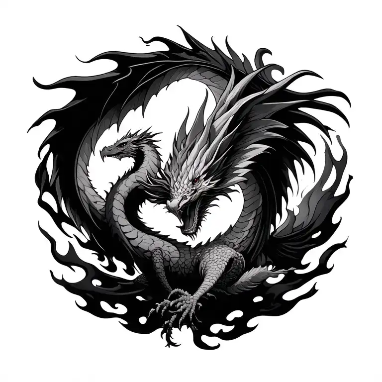 Dragon And Phoenix Rising From Flames