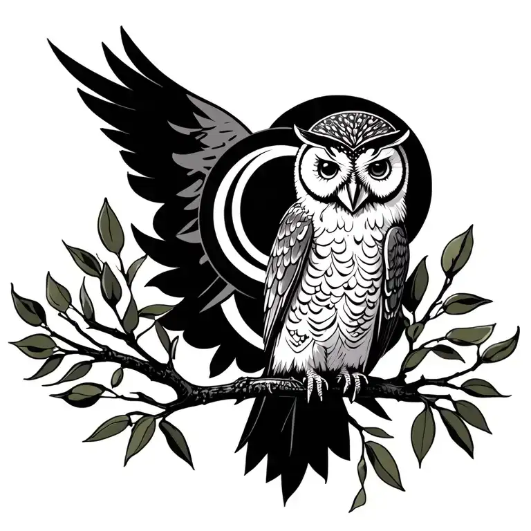Goddes Triple Moon Symbol Above Owl Perched On Olive Branch