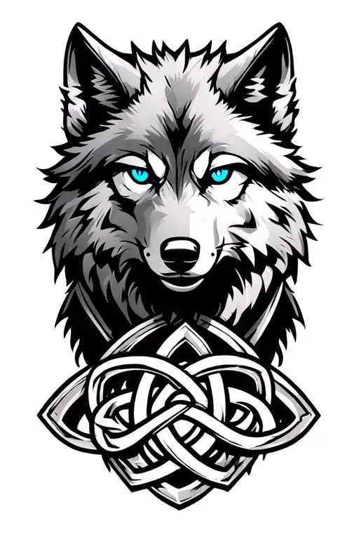Wolf With Blue Eyes On Armor Tattoo Design Featuring Celtic Trinity Knot