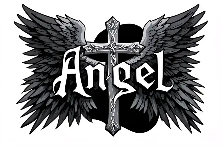 Cross Tattoo With Word Angel