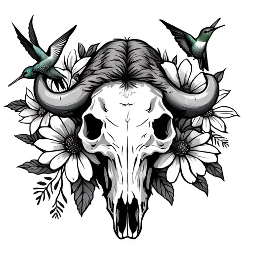 Buffalo Skull With Wild Flowers And Hummingbird And Zippo Lighter