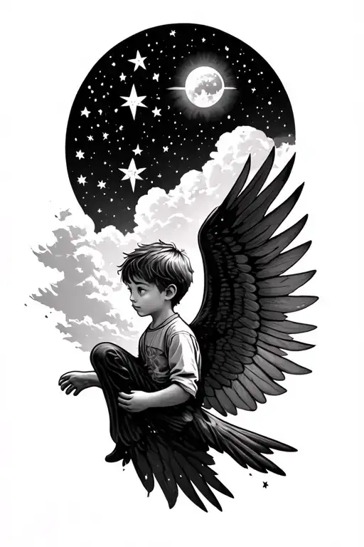 Little Boy On A Old Wing Under Sky Full Of Stars