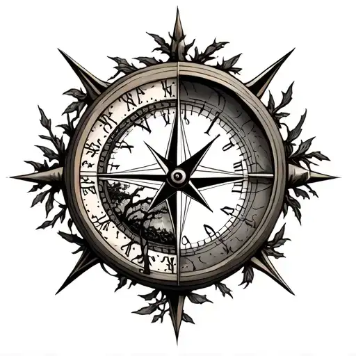 Half Compass Half Clock Tattoo And Tree Branches