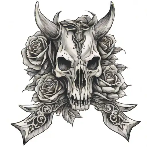 Horse Skull And Roses With Axes Crossing Eachother