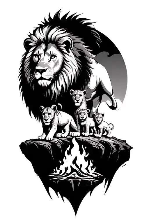 Lion With 3 Cubs On Cliff Overlooking The Fire Coming