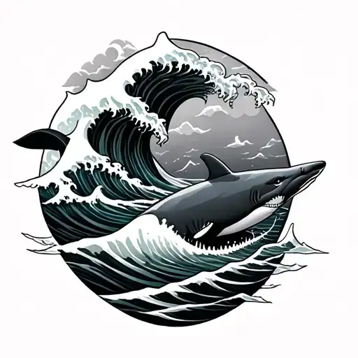 Tattoo Of Wave With Shark And Beluga Whale Swimming Underneath