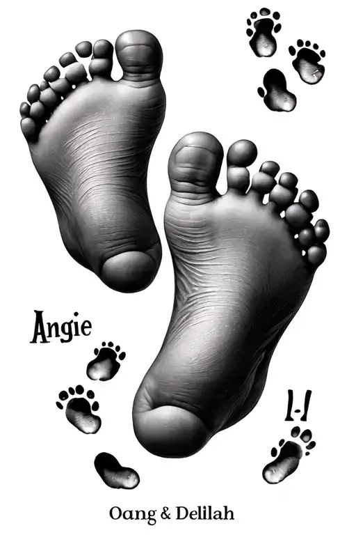 Names Angie And Delilah With 3 Sets Of Small Baby Feet Prints Going Around The Names