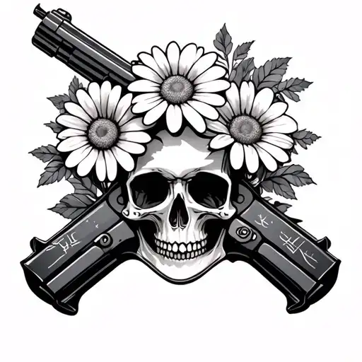 Daisies And Skull And Gun Wrapped Length Wise