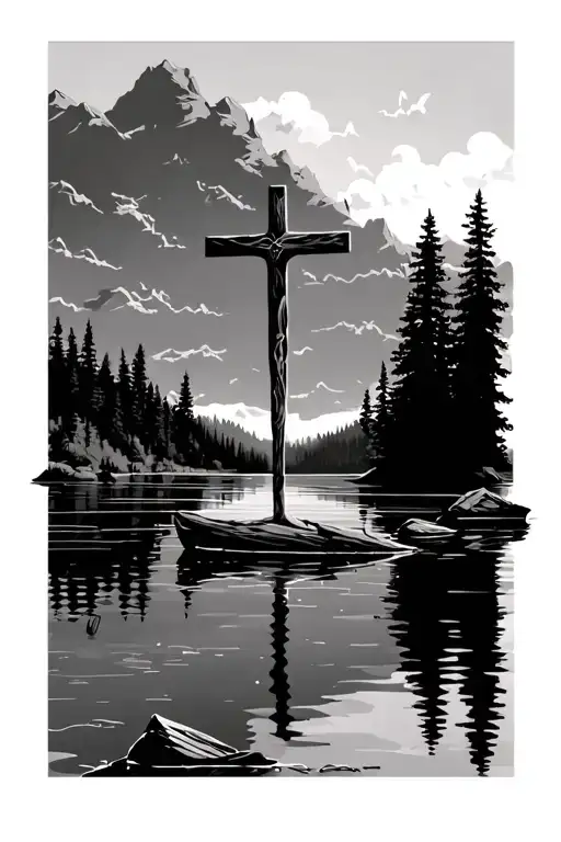 A Cross In The Background And Water Infront Lake Scene