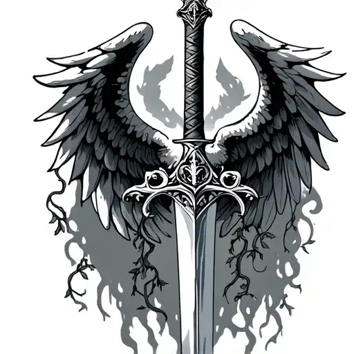 Sword With Angel Wings And Vines Growing