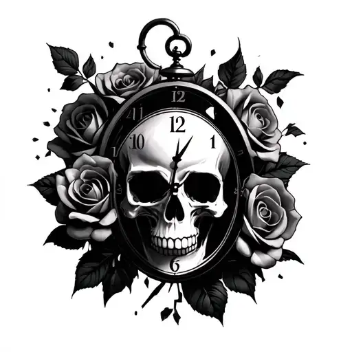 Skull Design Combined With Roses And A Broken Clock Signifying Lost Time