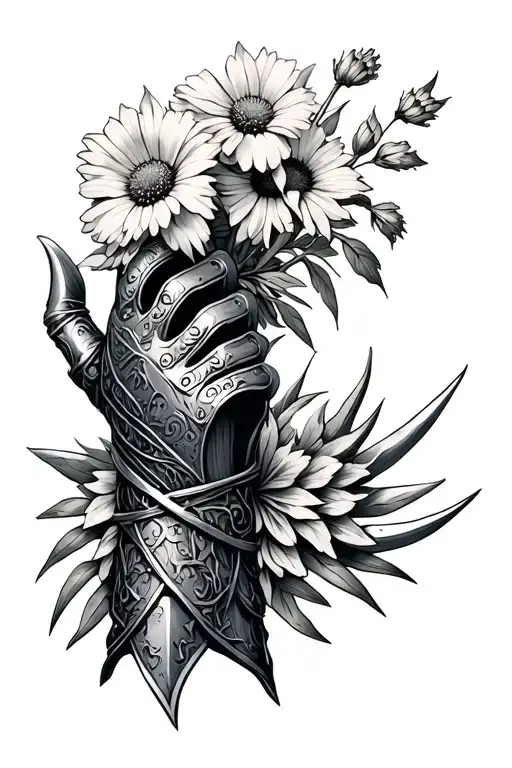 A Very Fine Silver Knights Glove With A Floral Pattern And Spikes Holding Some Wild Flowers