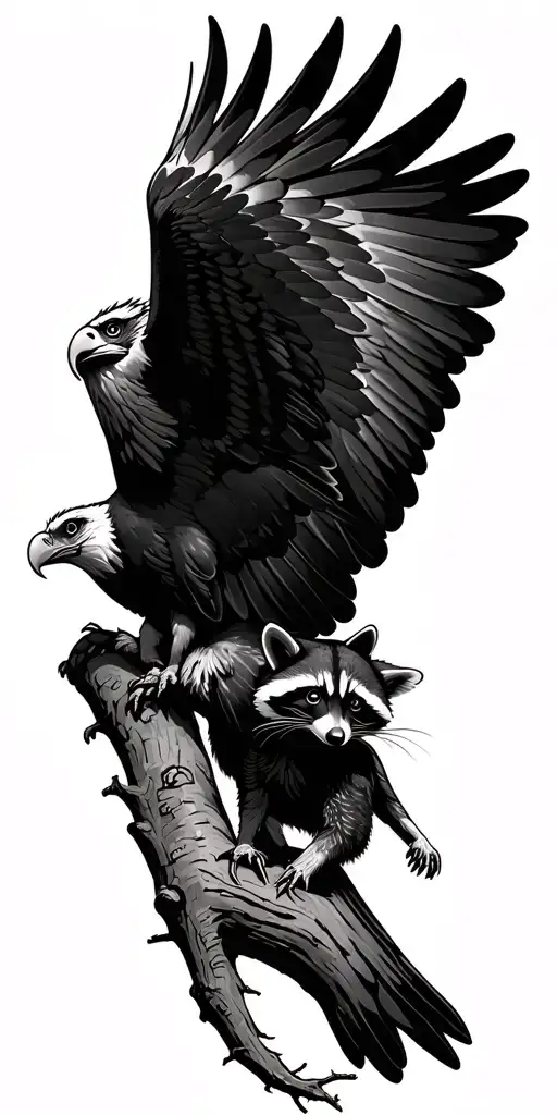 Nature Scene Flying Eagle With A Raccoon In Tree Branch