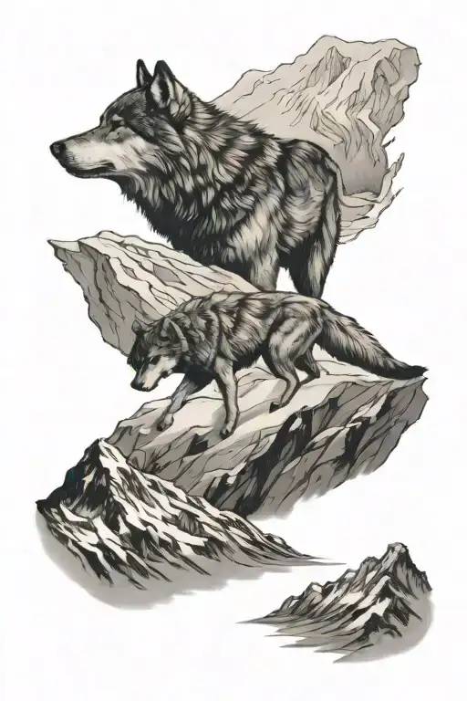 Wolf Standing In Snow Capped Mountain Range