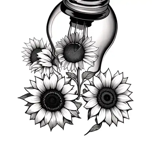 Upside Down Broken Lightbulb With Three Sunflowers Growing Out Tattoo With Glass Pieces