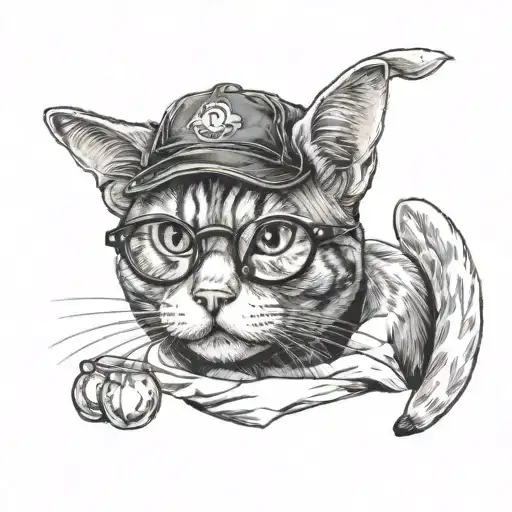A Cute Cat Sitting With Glasses On Head Eating A Banana Tattoo Style