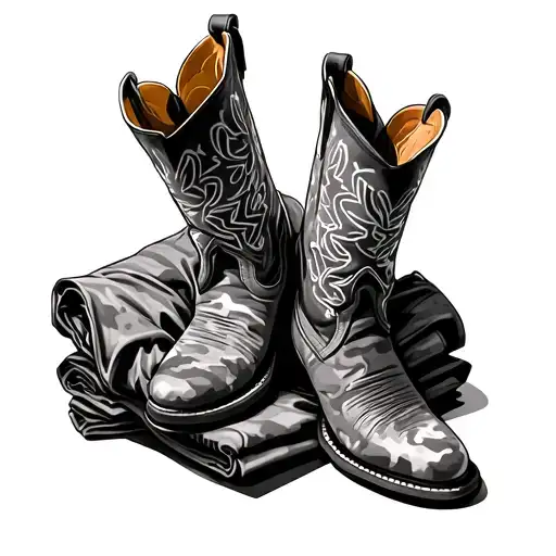 Cowboy Boots Sitting On Folded Camo Pants