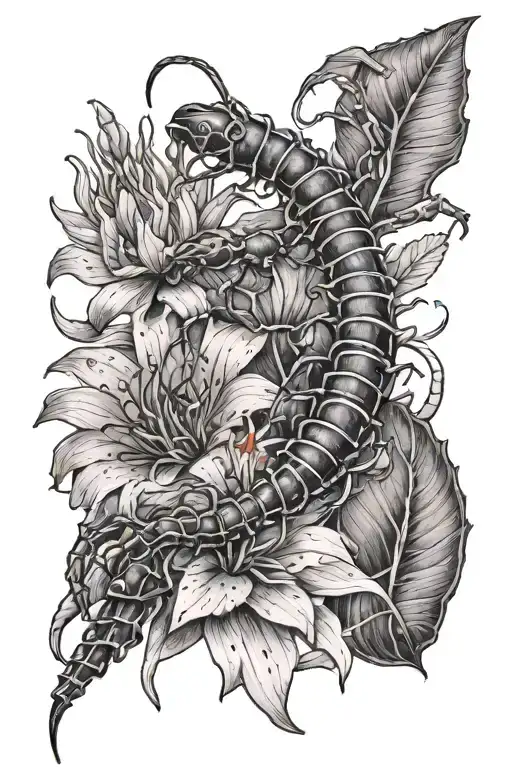 Black And Grey Centipede And Red Spider Lilly Flower On Arm Brown Skin