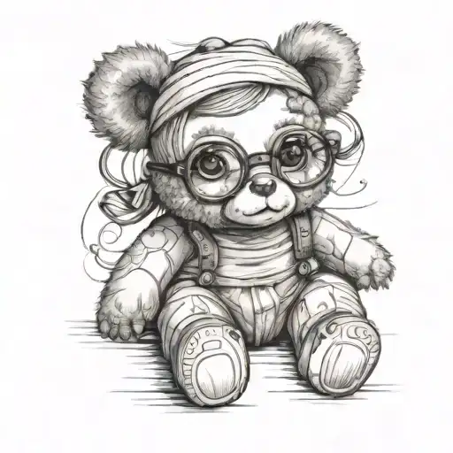 Little Girl Teddy Bear With Square Glasses Sitting On The Floor
