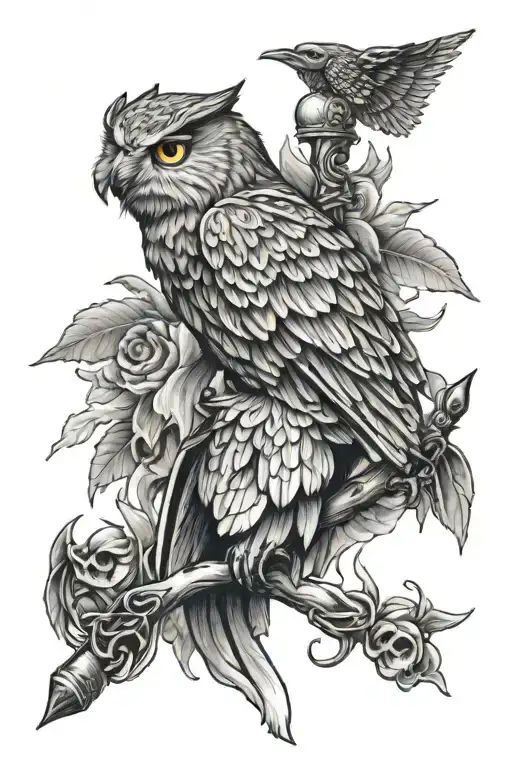 Spear And Torch Crossed Behind One Owl