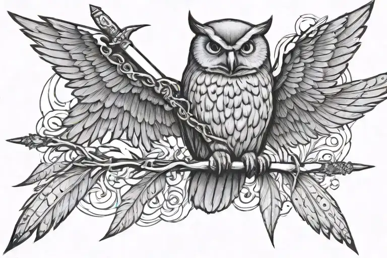 Spear And Torch Crossed Behind One Owl Flying