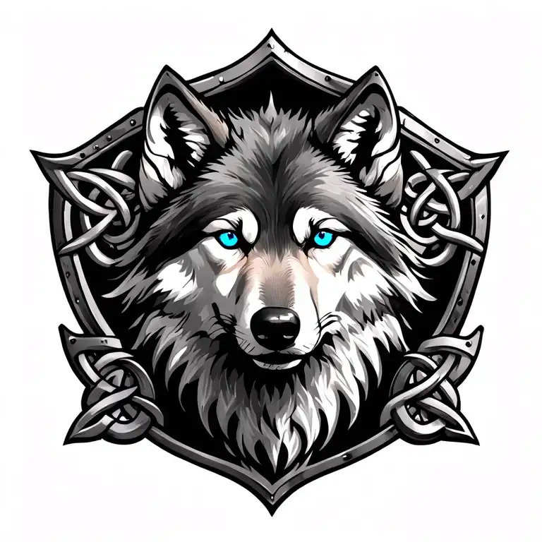 Wolf With Blue Eyes On Celtic Shield